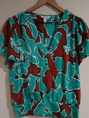Nine West Teal & Rust Floral Wrap Blouse